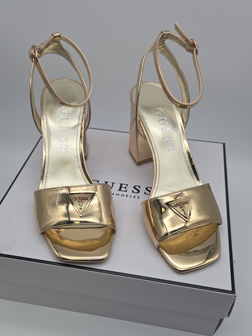 GUESS Metallic Gold Ankle-Strap Block Heel Sandals